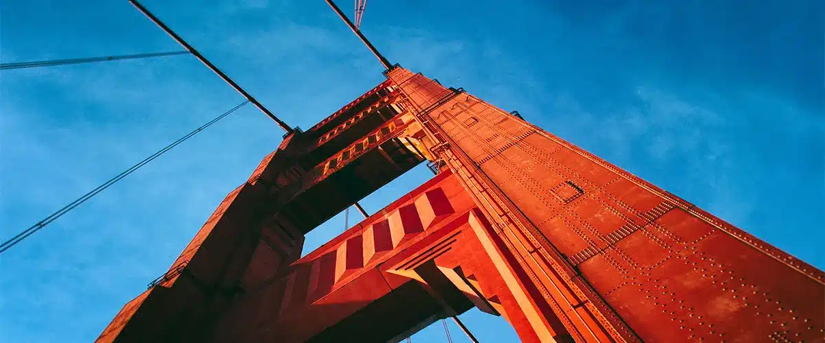 The Golden Gate Bridge viewed from below